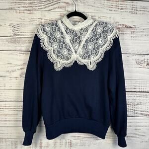 VTG Nilani Navy Blue Lace High Neck Yoke Sweater Victorian Cottagecore Womens M